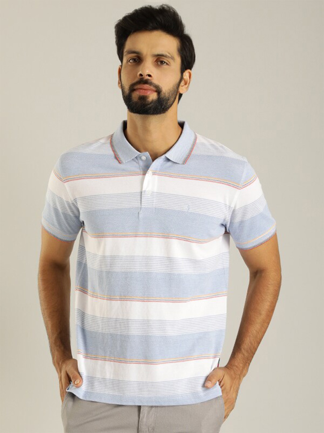 

Indian Terrain Striped Polo Collar Cotton T-shirt, Blue