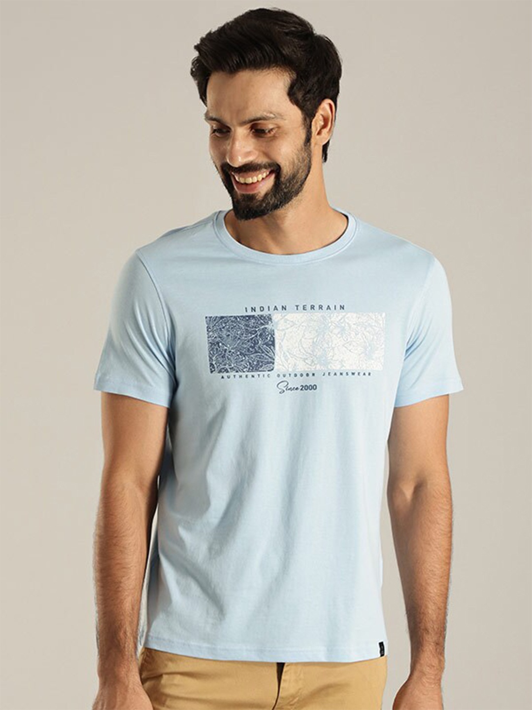 

Indian Terrain Floral Printed Round Neck Pure Cotton T-Shirt, Blue