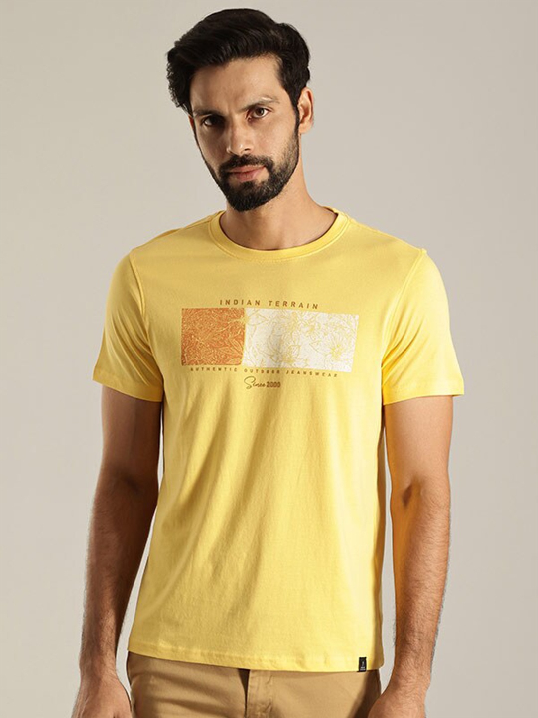 

Indian Terrain Graphic Printed Pure Cotton T-Shirt, Yellow