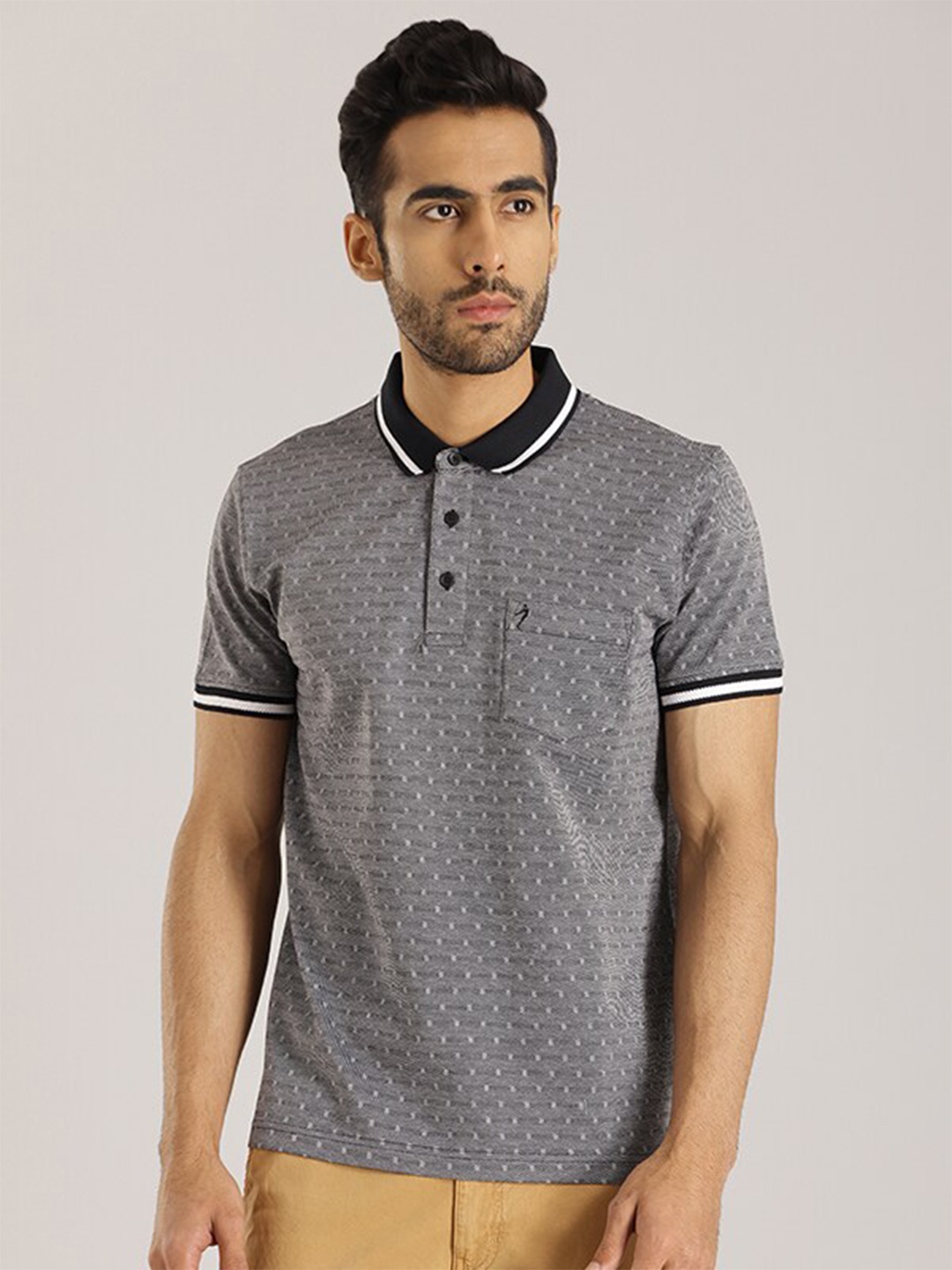 

Indian Terrain Self Design Polo Collar Pure Cotton T-shirt, Grey
