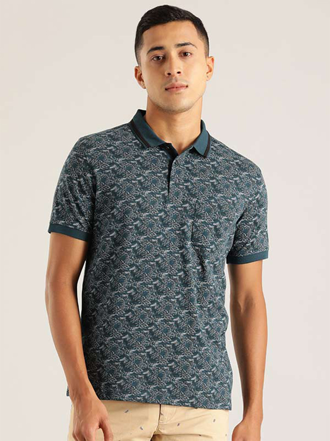 

Indian Terrain Floral Printed Polo Collar Pure Cotton T-Shirt, Green