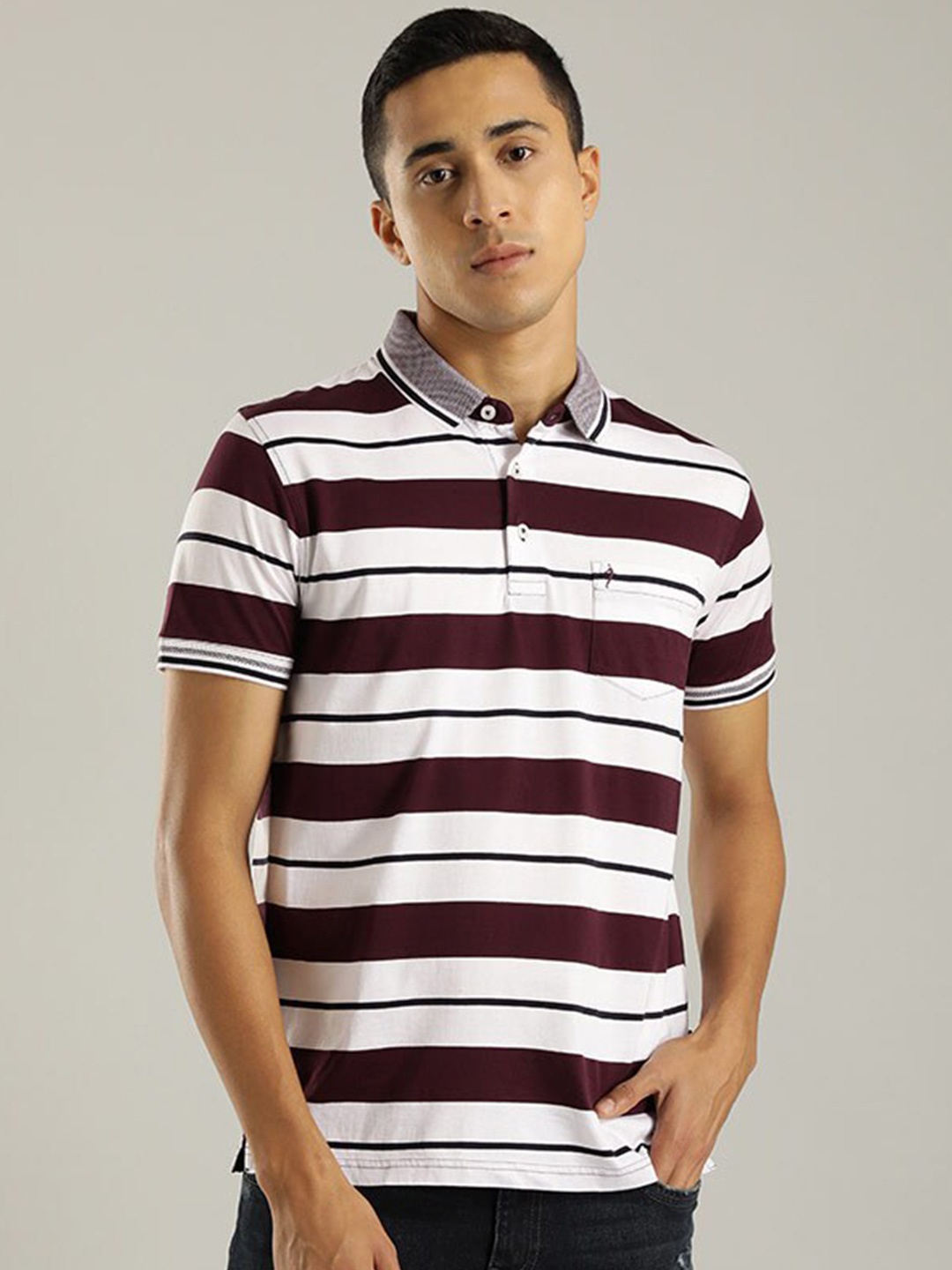 

Indian Terrain Striped Polo Collar Pockets Pure Cotton T-Shirt, Purple