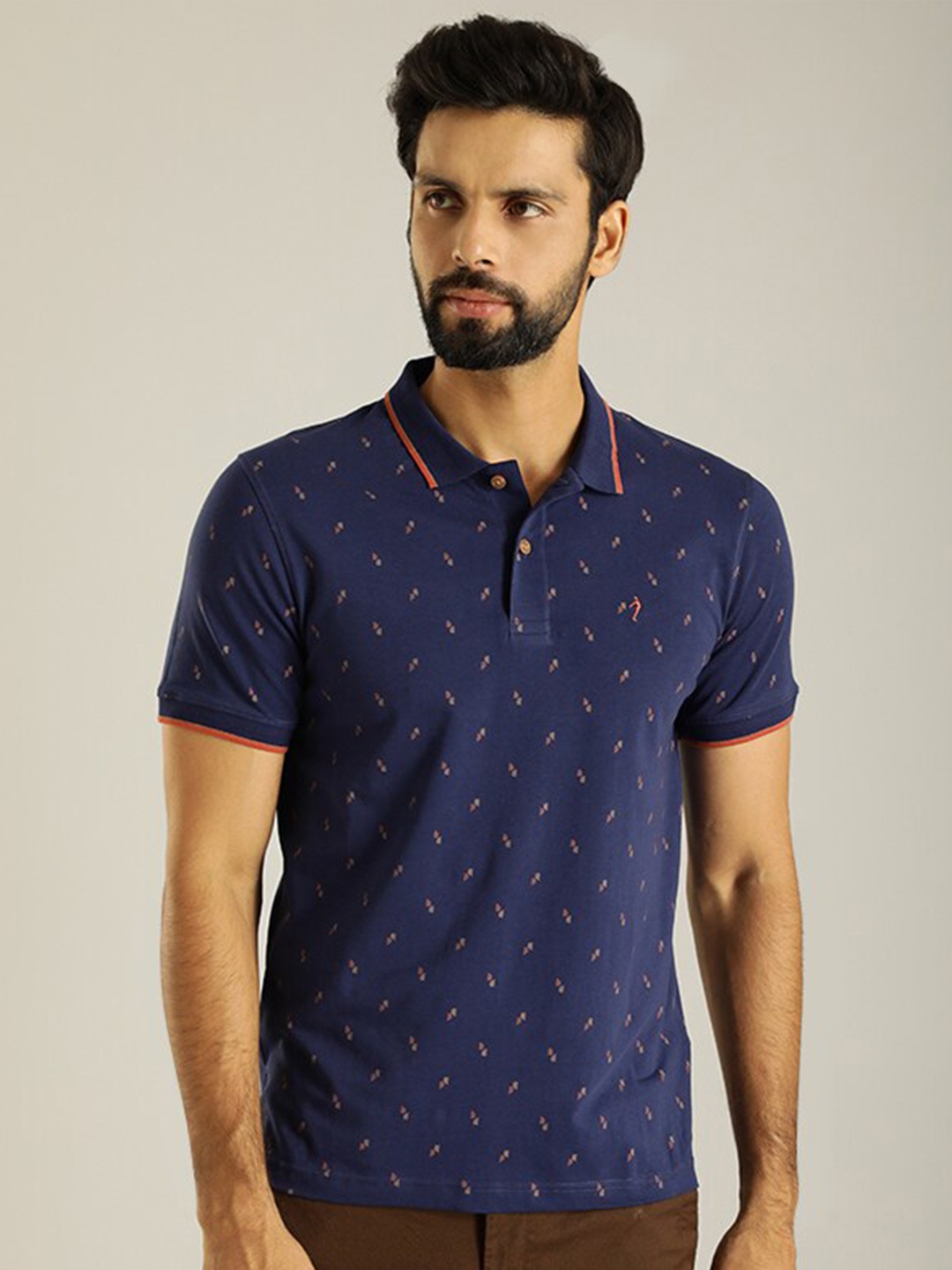 

Indian Terrain Abstract Print Polo Collar Cotton T-shirt, Navy blue