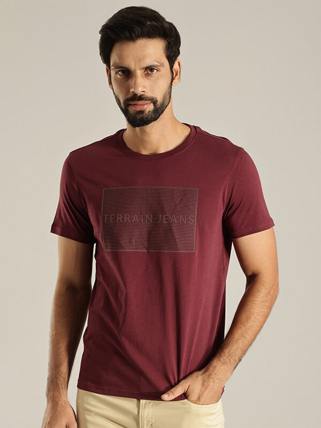 

Indian Terrain Typography Printed Round Neck Cotton T-shirt, Maroon