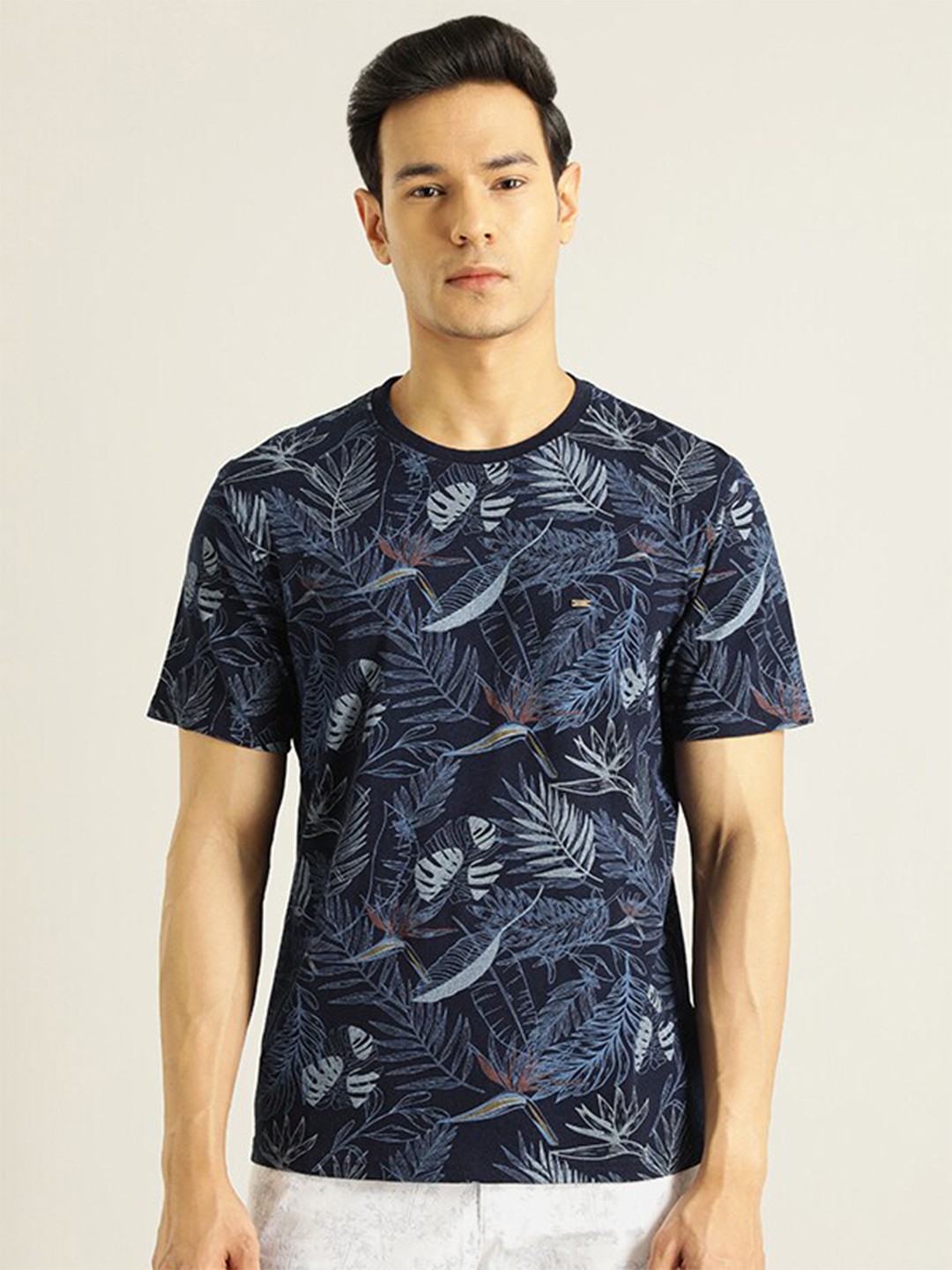 

Indian Terrain Tropical Printed Pure Cotton T-Shirt, Navy blue