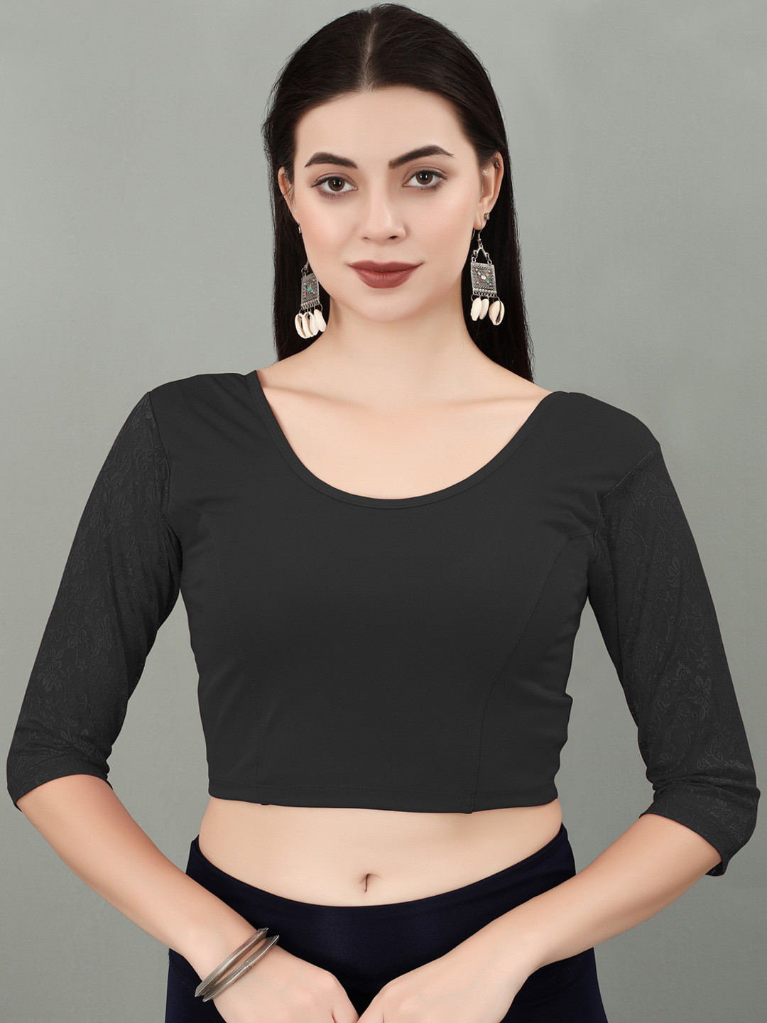 

SERONA FABRICS Full Net Sleeves Saree Blouse, Black