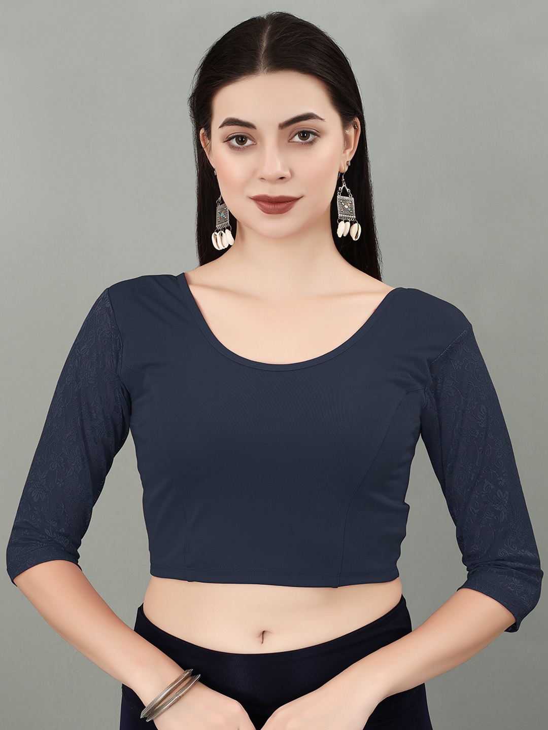 

SERONA FABRICS Round Neck Full Net Sleeves Saree Blouse, Navy blue