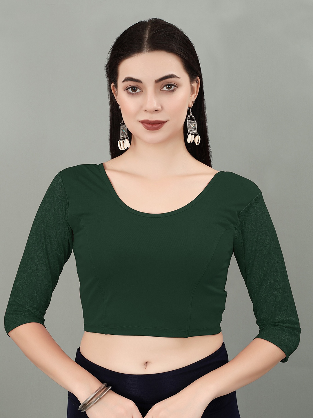 

SERONA FABRICS Round Neck Full Net Sleeves Saree Blouse, Green
