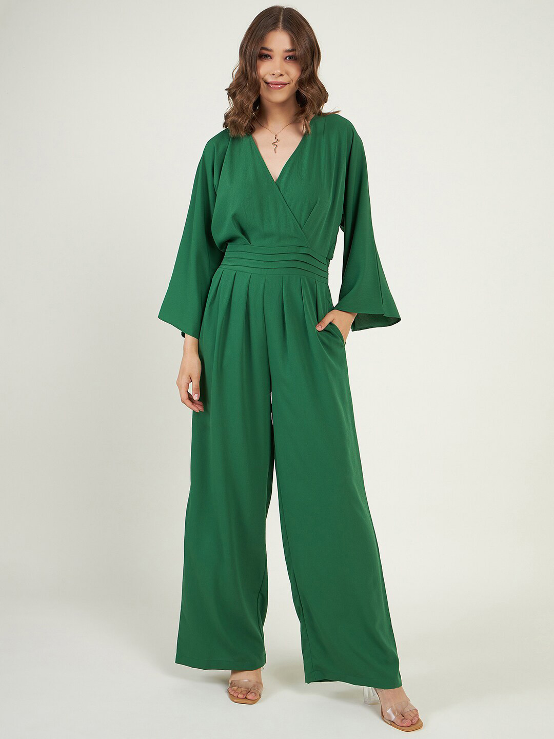 

JUNE & HARRY V Neck Basic Jumpsuit, Green