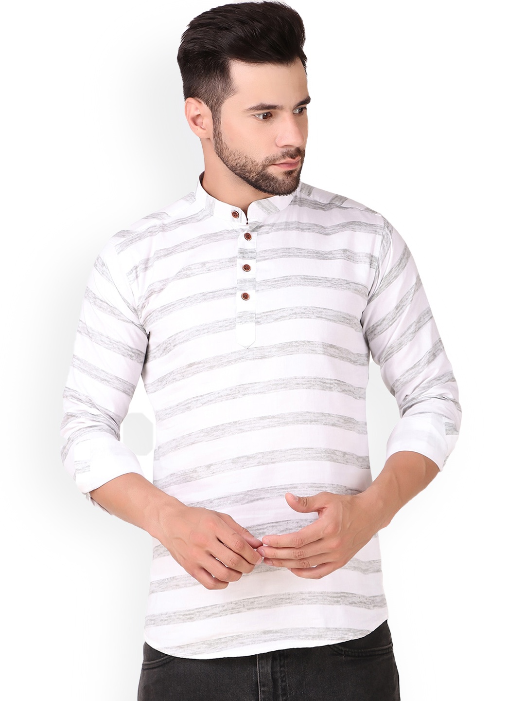 

PLUS 91 Striped Mandarin Collar Pure Cotton Short Kurta, White