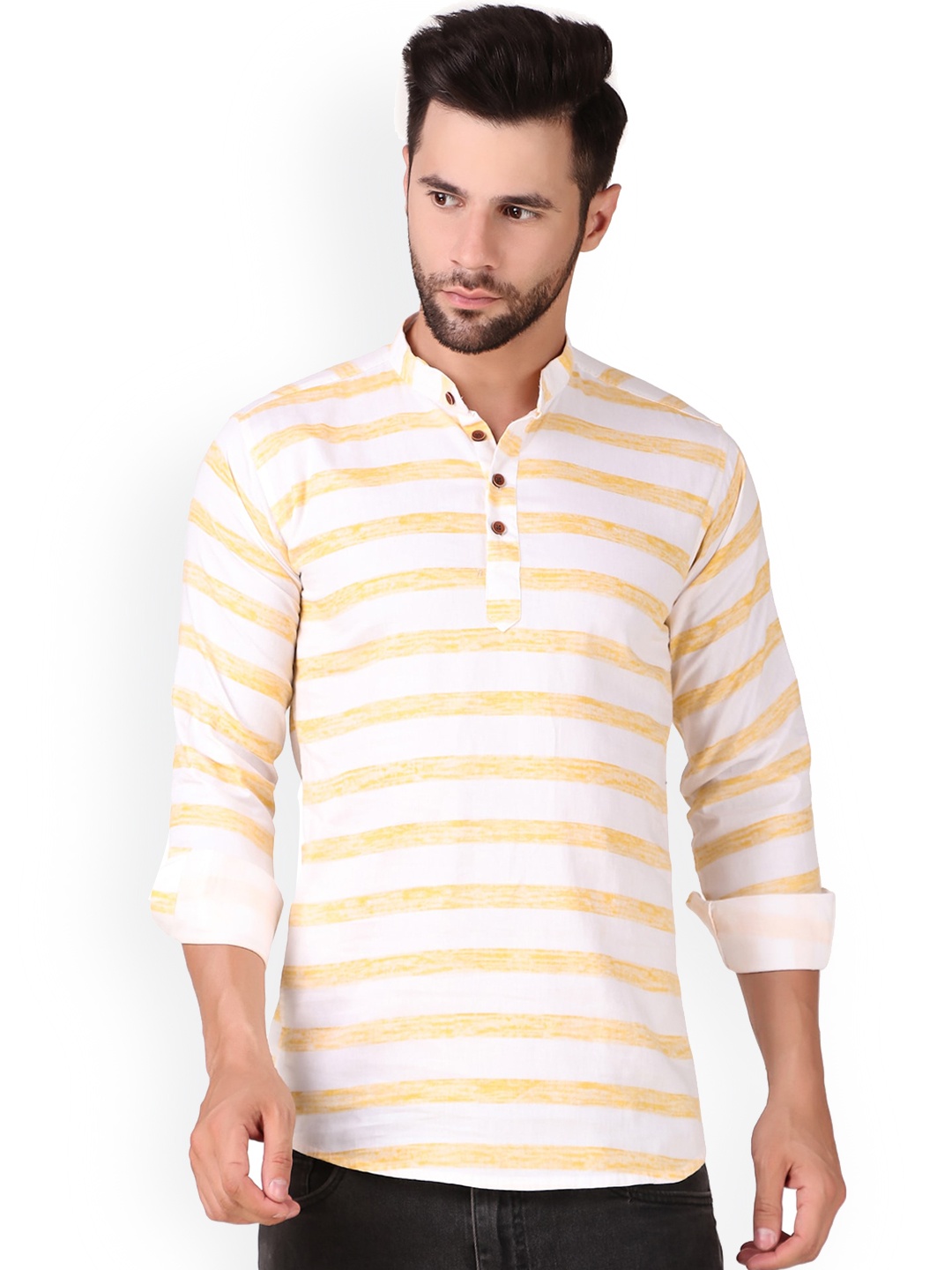 

PLUS 91 Striped Mandarin Collar Pure Cotton Short Kurta, White