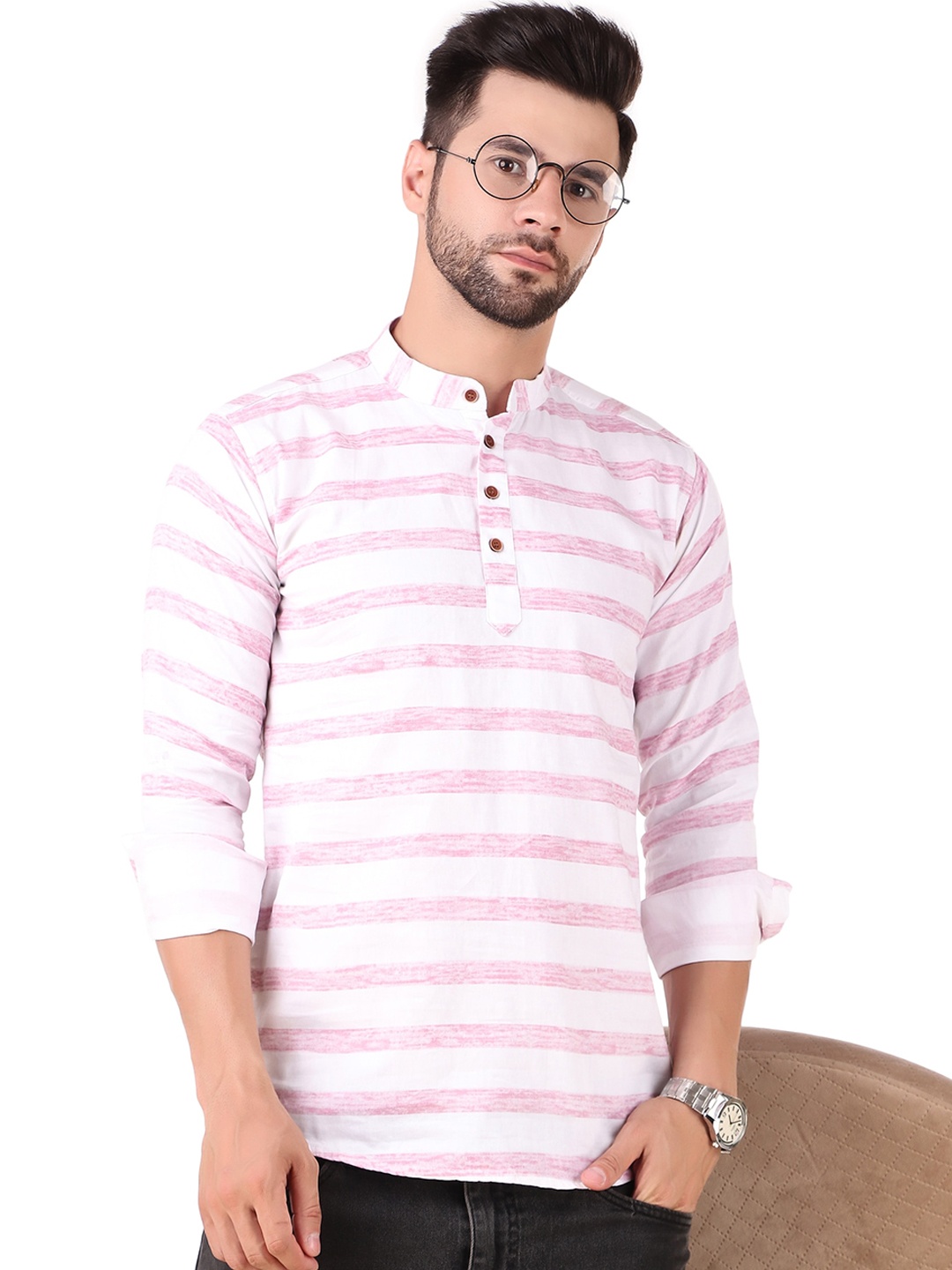 

PLUS 91 Striped Mandarin Collar Pure Cotton Short Kurta, White