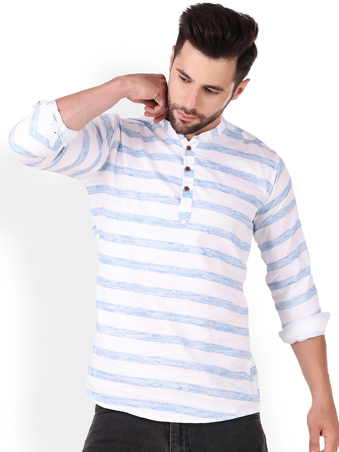 

PLUS 91 Striped Mandarin Collar Pure Cotton Short Kurta, White