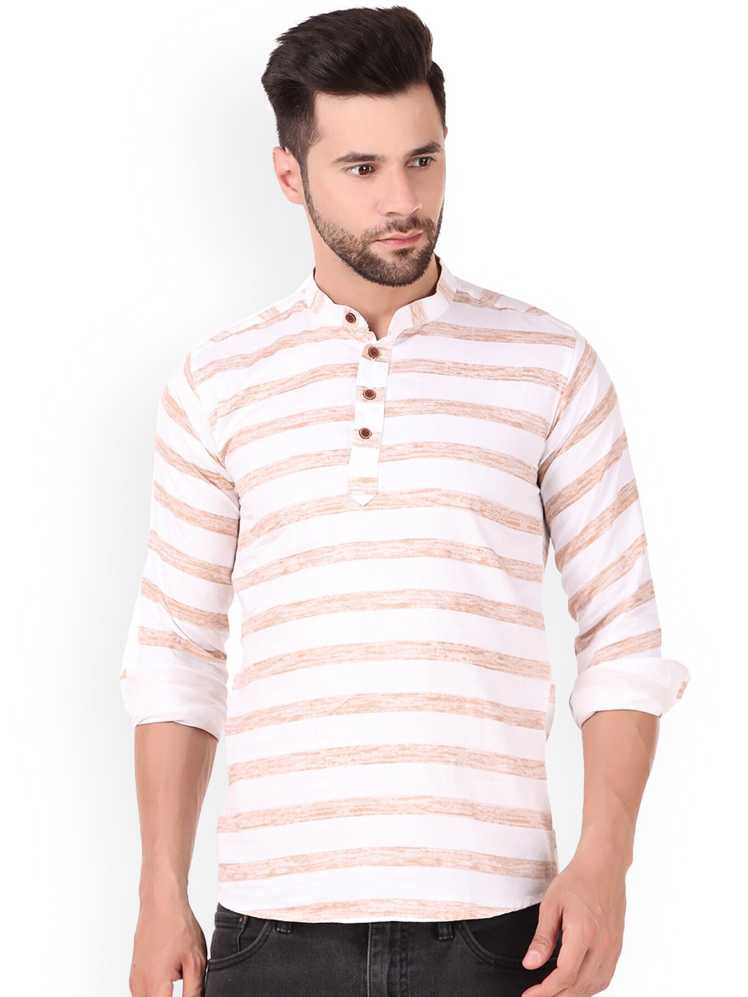 

PLUS 91 Striped Mandarin Collar Pure Cotton Short Kurta, White