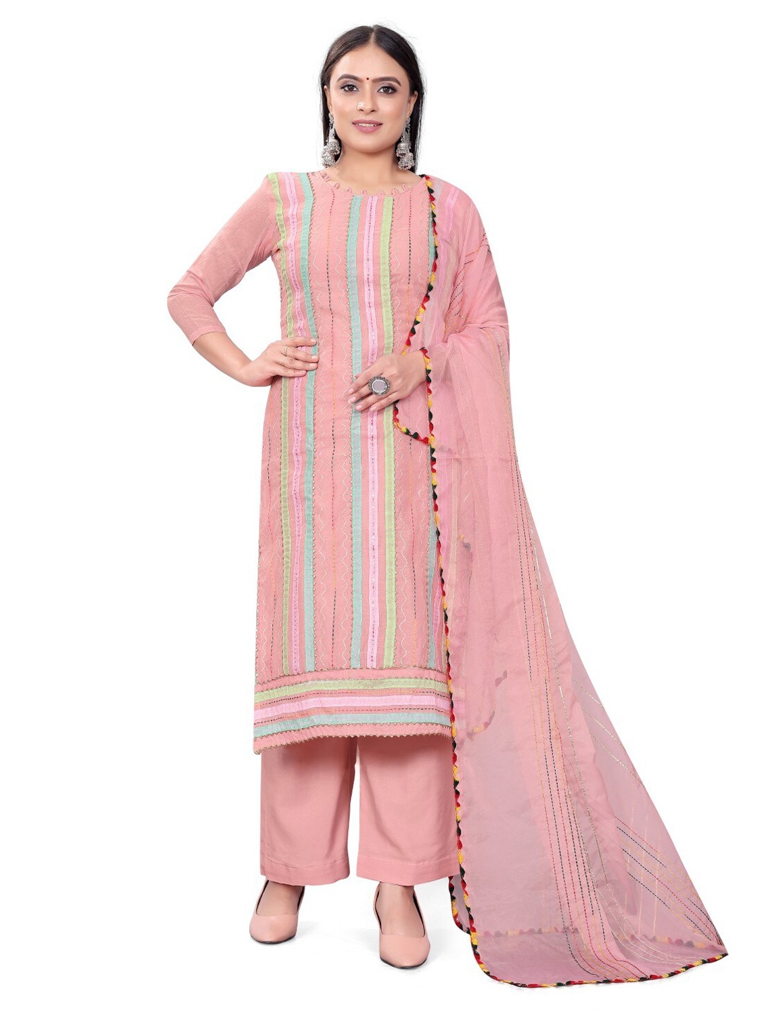 

ZEEPKART Vertical Striped Unstitched Dress Material, Pink