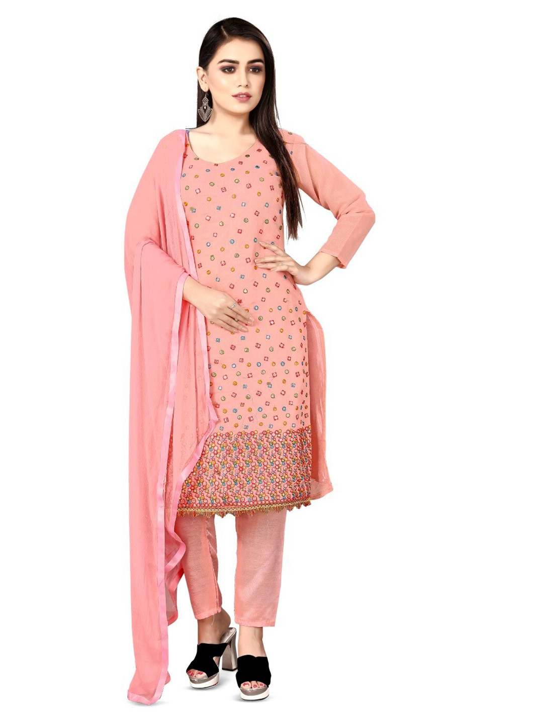 

ZEEPKART Ethnic Motif Embroidered Mirror Work Detailed Unstitched Dress Material, Pink