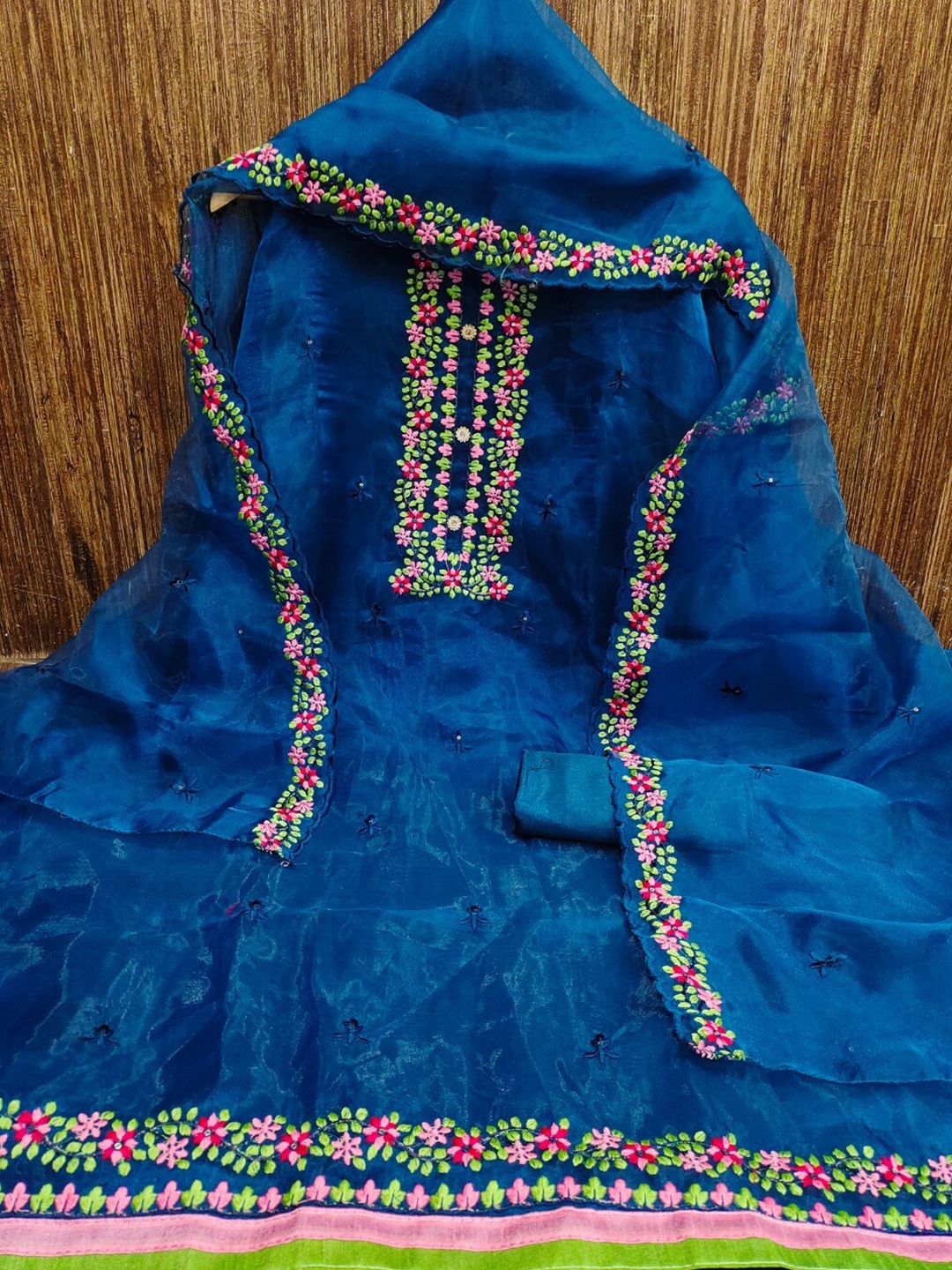 

ZEEPKART Floral Embroidered Sequinned Unstitched Dress Material, Blue