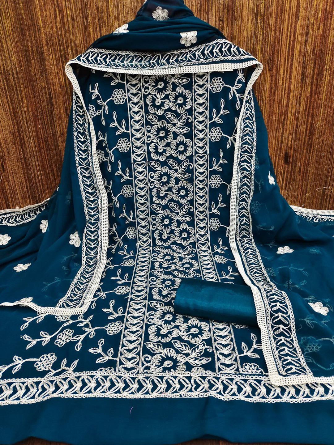

ZEEPKART Floral Embroidered Unstitched Dress Material, Blue