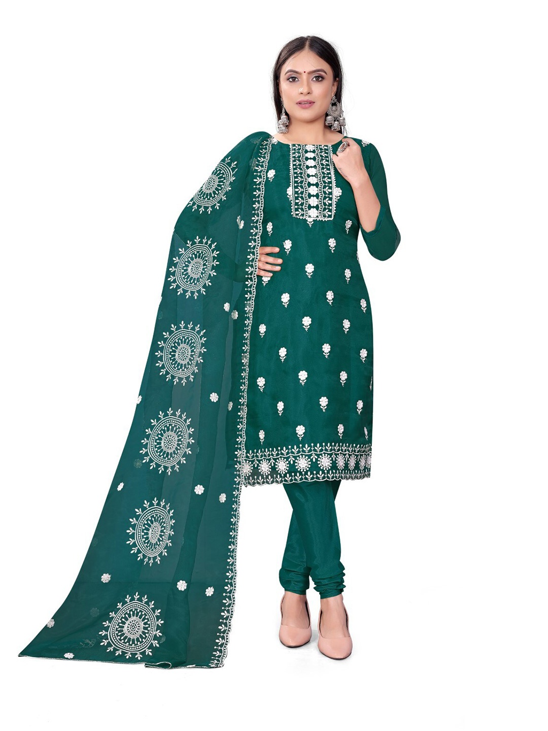 

ZEEPKART Floral Embroidered Organza Unstitched Dress Material, Green