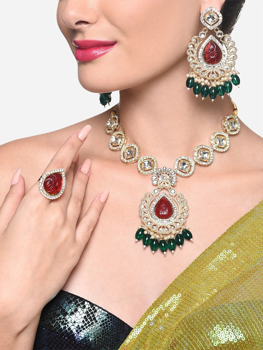 

Zaveri Pearls Gold-Plated Austrian Diamonds Beaded Jewellery Set
