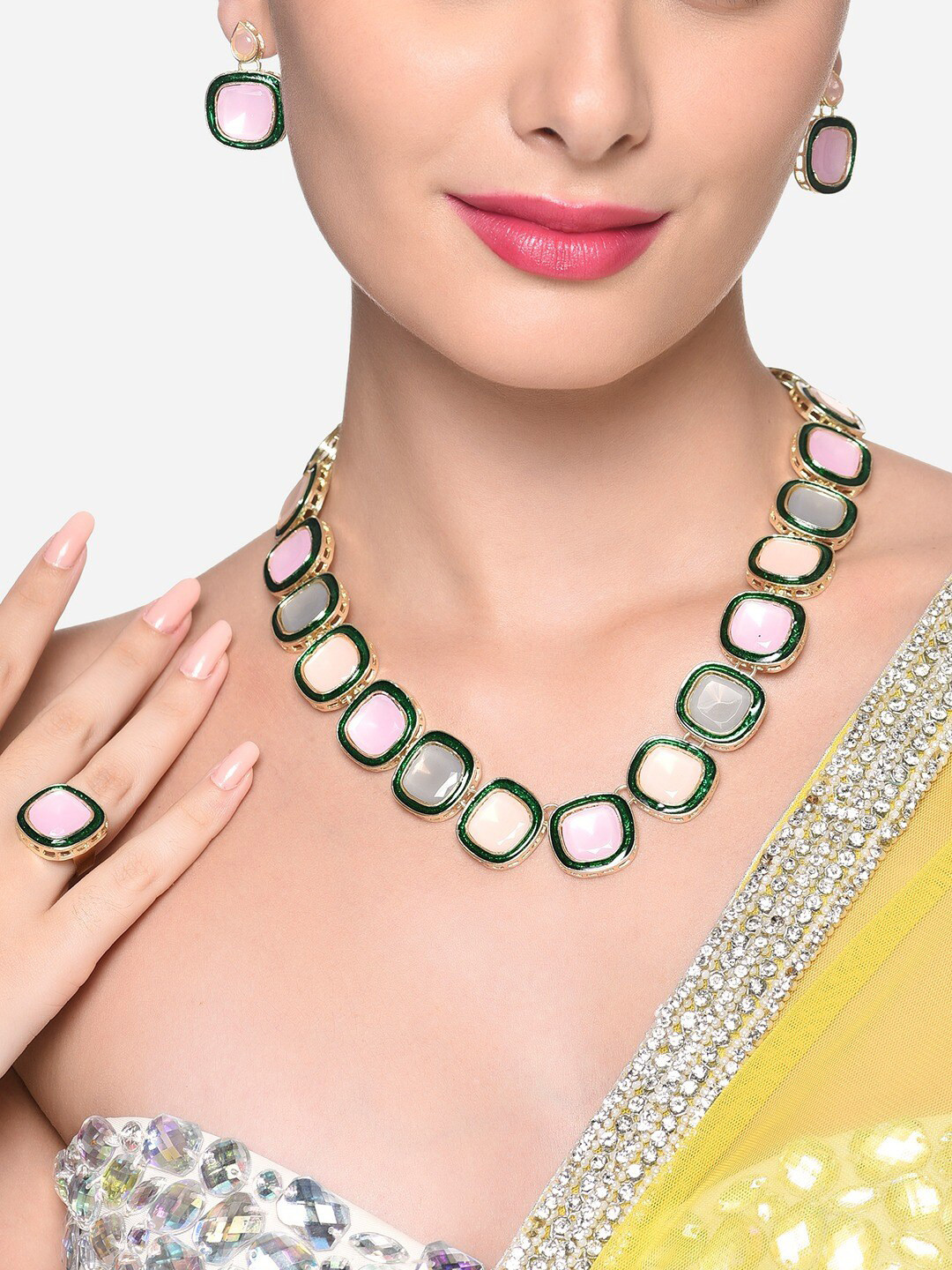 

Zaveri Pearls Gold-Plated Artificial Stones and Beads Studded Jewellery Set