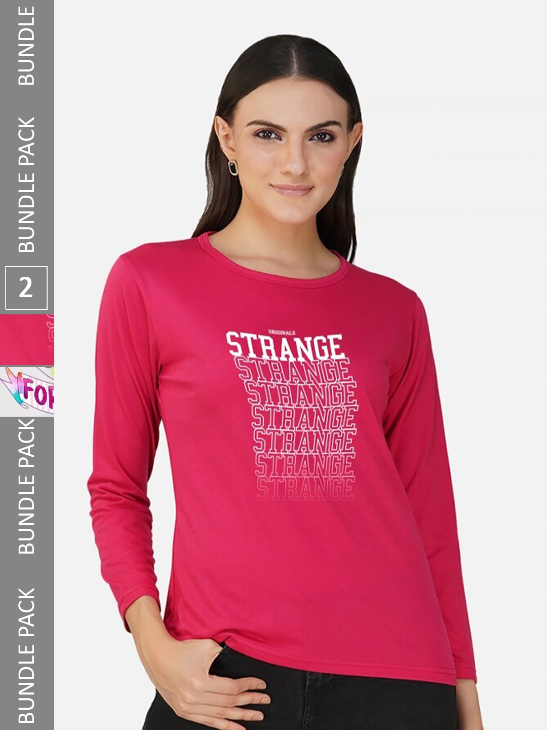 

CHOZI Pack 2 Typography Printed Round Neck Cotton T-shirt, Pink