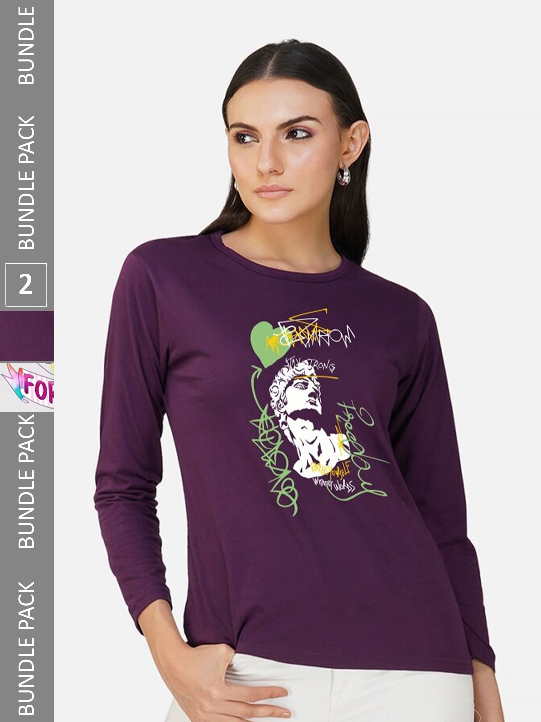

CHOZI Pack Of 2 Typography Printed Cotton T-shirts, Purple
