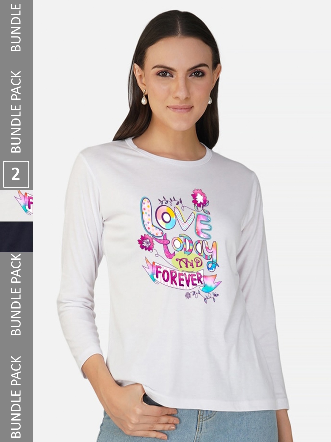 

CHOZI Pack Of 2 Typographic Printed Long Sleeves Cotton T-shirt, White
