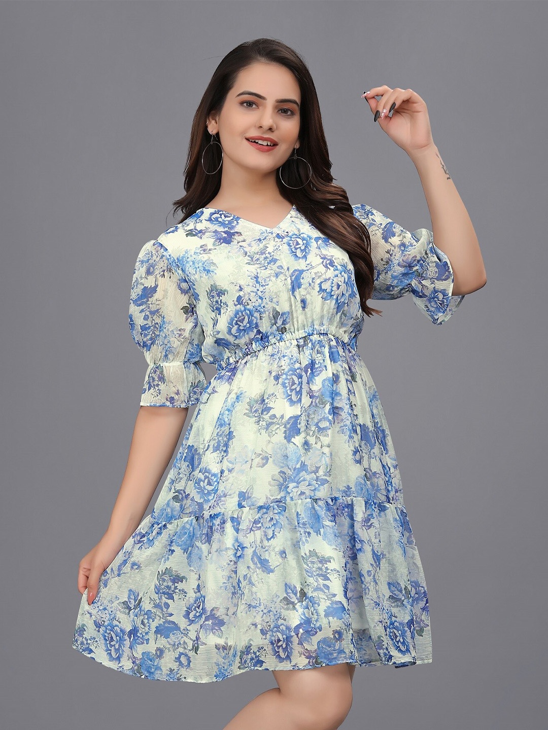 

OWO THE LABEL Floral Printed V-Neck Puff Sleeve Georgette Fit & Flare Dress, Blue