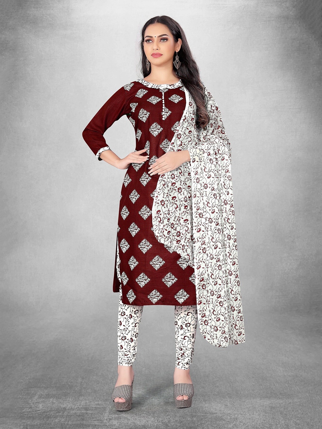 

APNISHA Ethnic Motifs Printed Unstitched Dress Material, Maroon