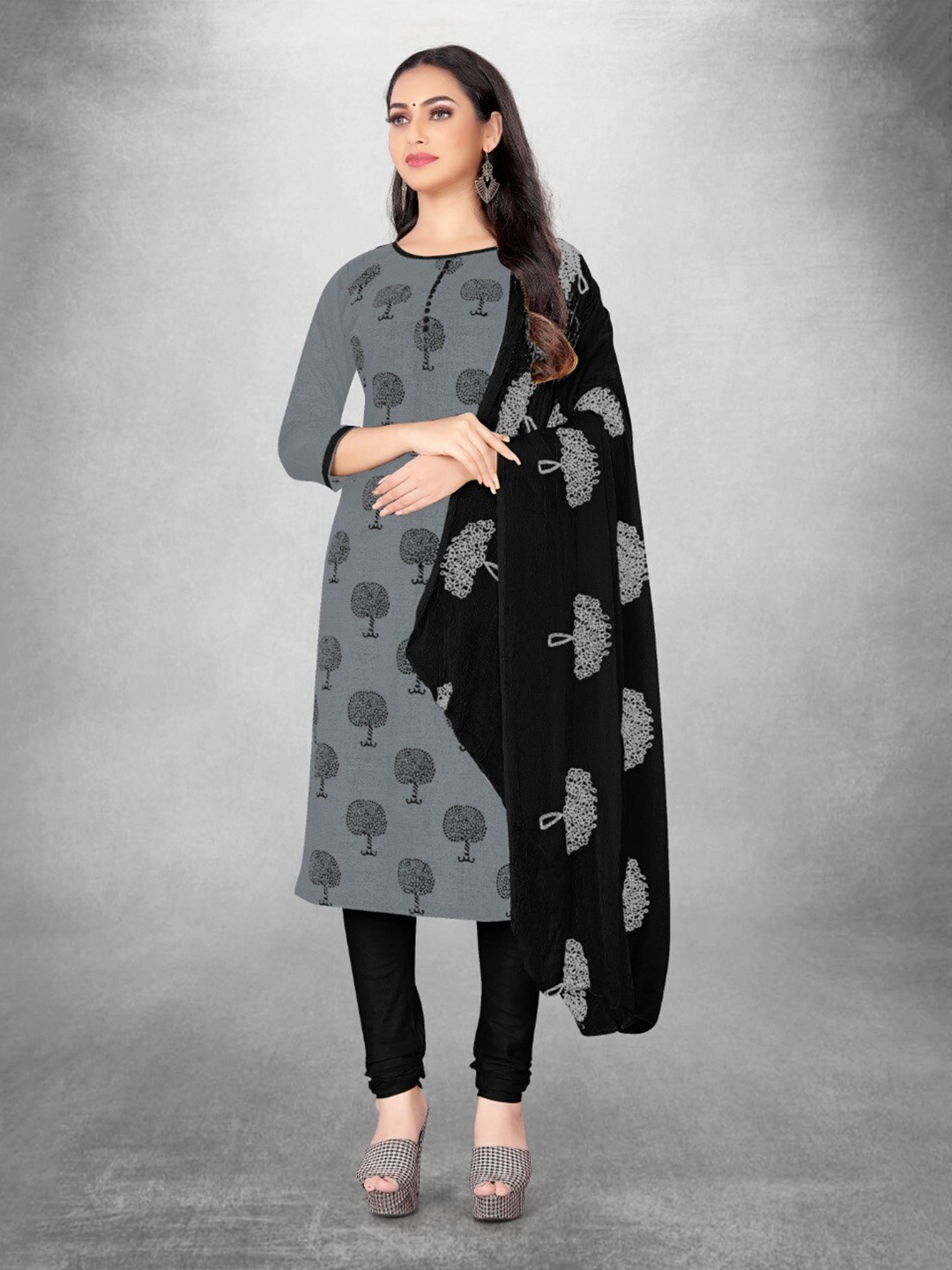 

APNISHA Ethnic Motif Printed Unstitched Dress Material, Grey