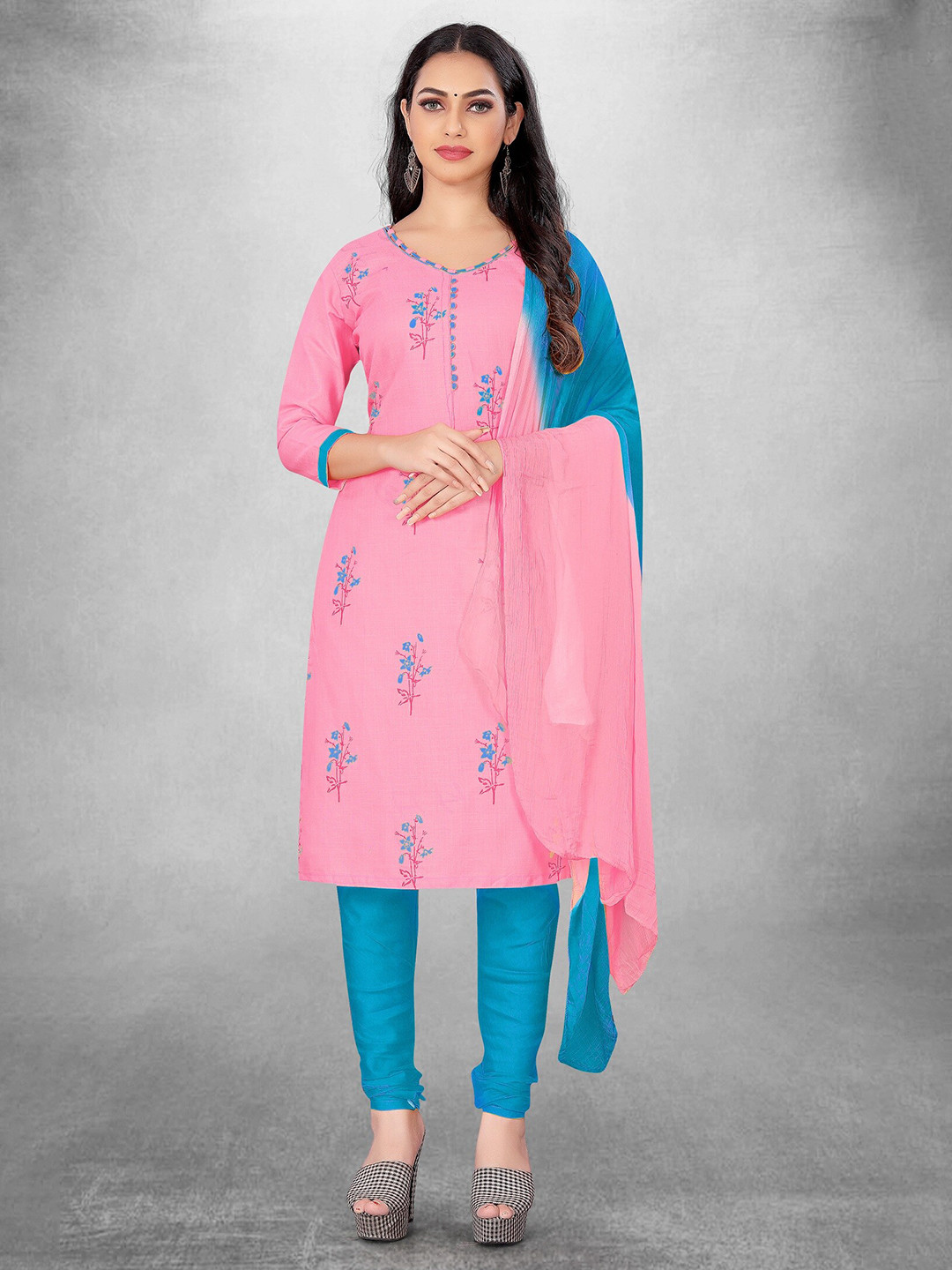 

APNISHA Floral Printed Unstitched Dress Material, Pink