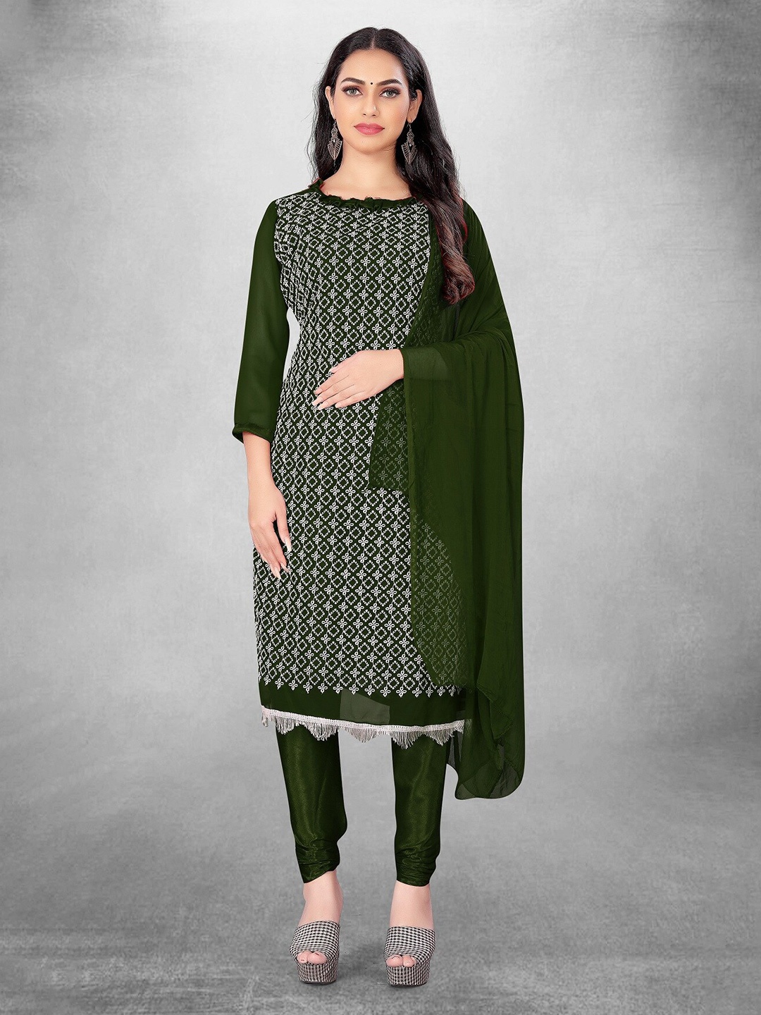 

APNISHA Ethnic Motifs Embroidered Silk Georgette Unstitched Dress Material, Green