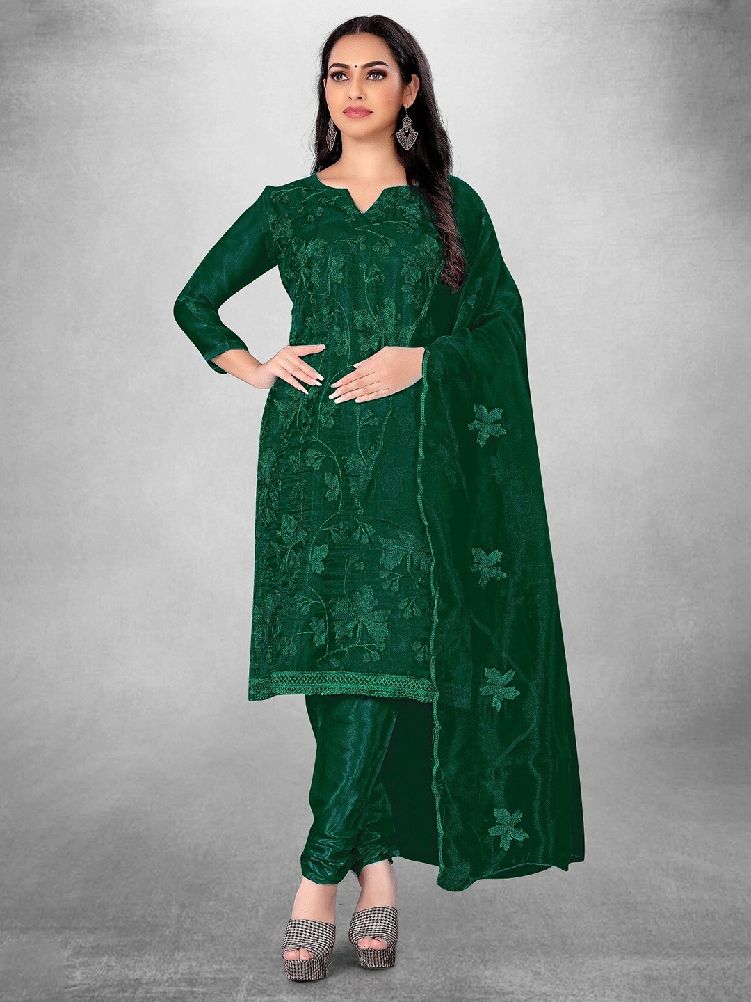 

APNISHA Floral Embroidered Pure Silk Unstitched Dress Material, Green