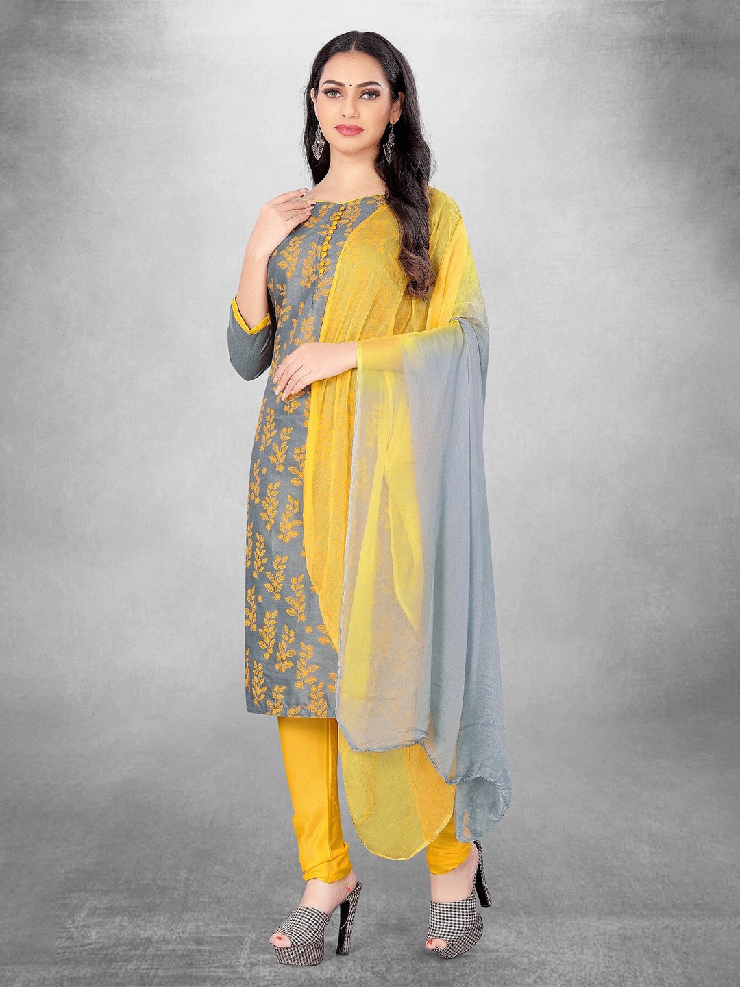 

APNISHA Ethnic Motifs Printed Unstitched Dress Material, Grey