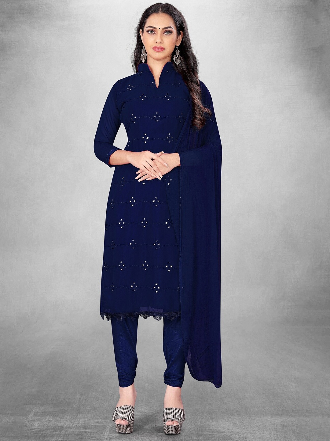 

APNISHA Embroidered Silk Georgette Unstitched Dress Material, Navy blue