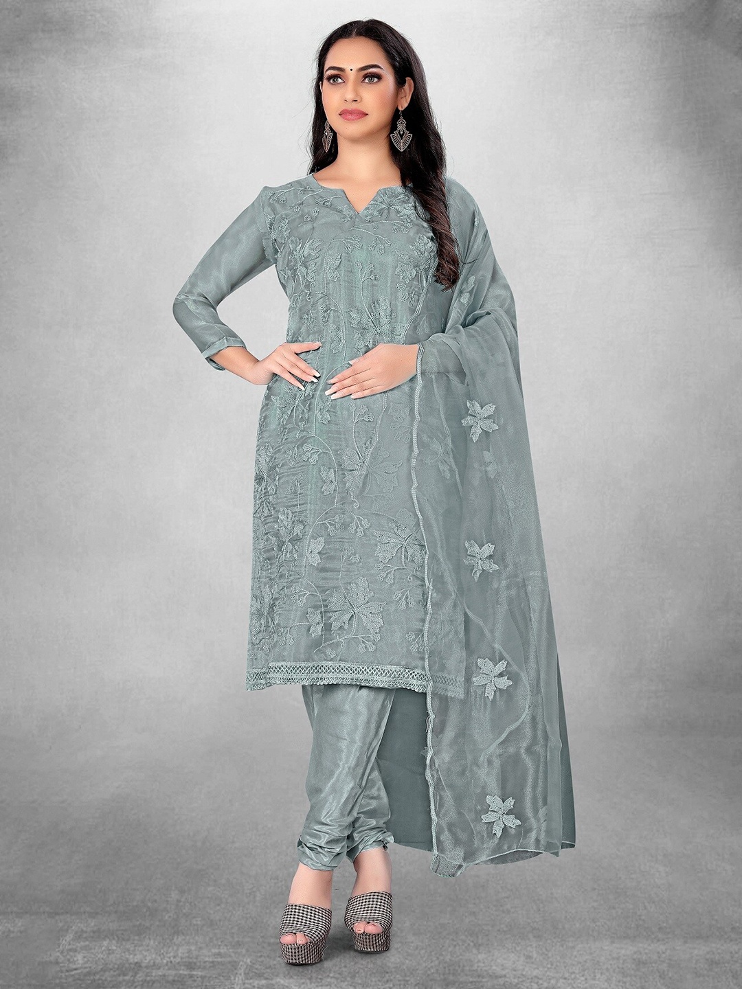 

APNISHA Floral Embroidered Pure Silk Unstitched Dress Material, Grey