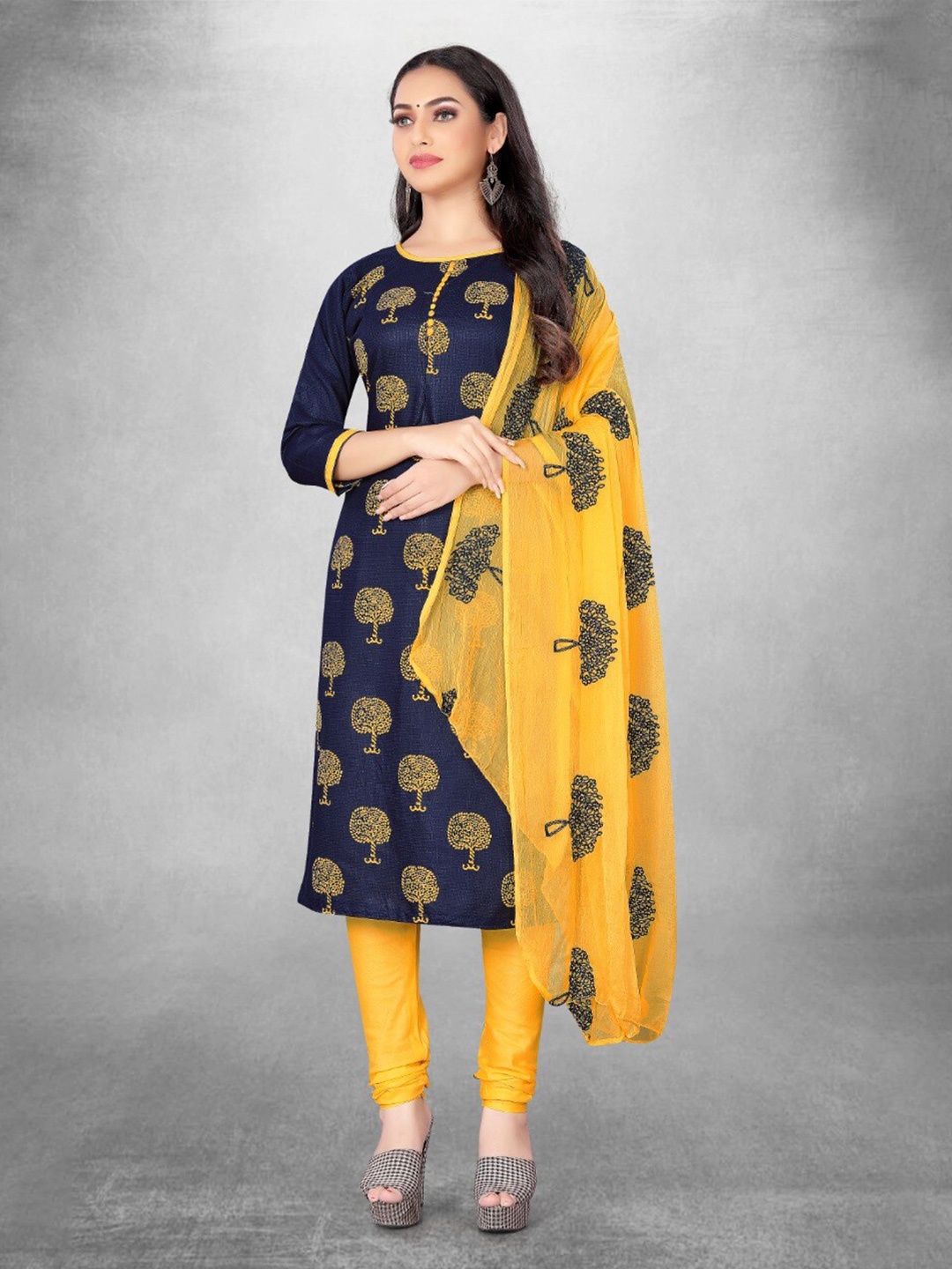 

APNISHA Ethnic Motifs Printed Unstitched Dress Material, Navy blue