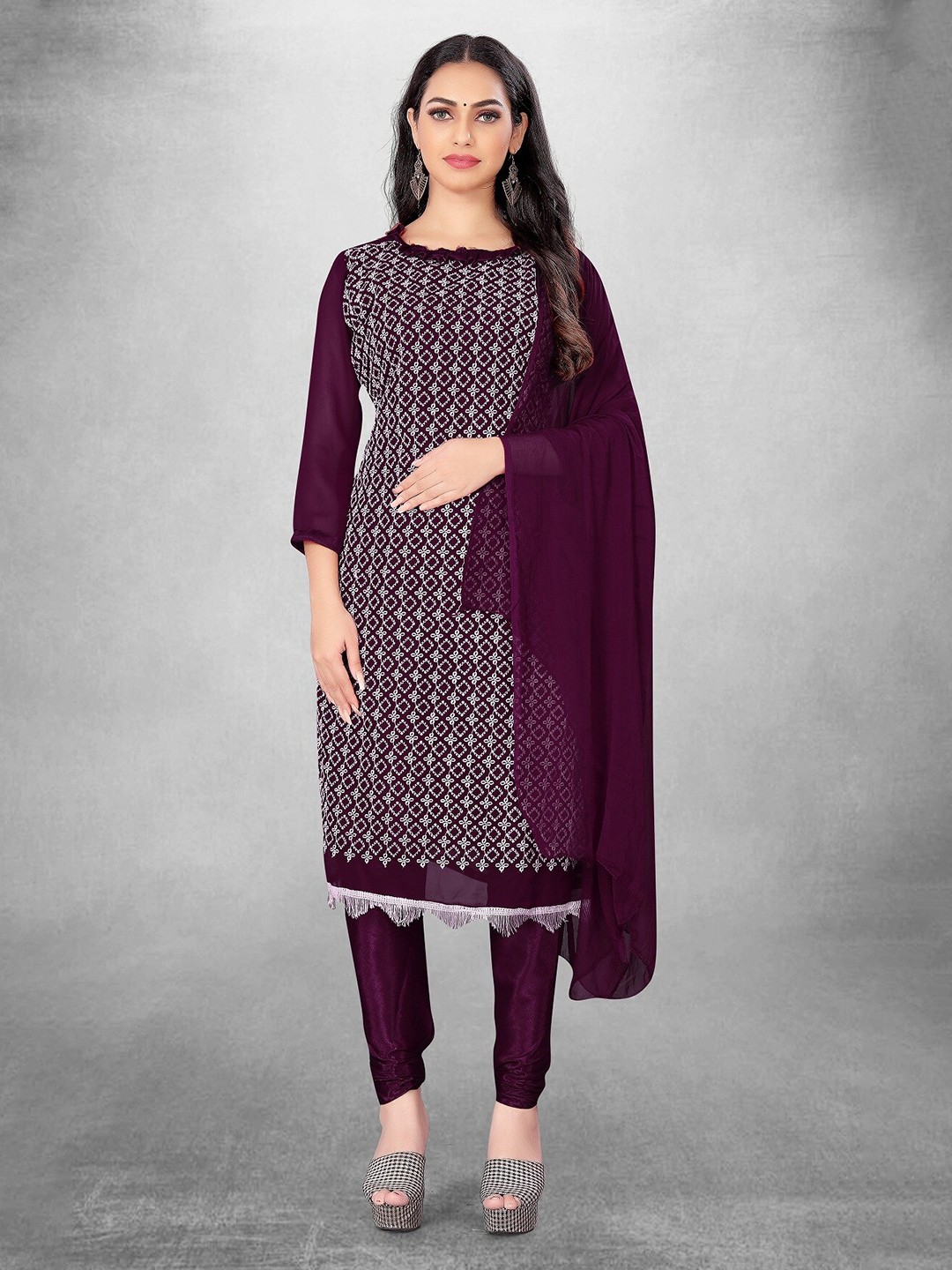 

APNISHA Ethnic Motifs Embroidered Silk Georgette Unstitched Dress Material, Purple