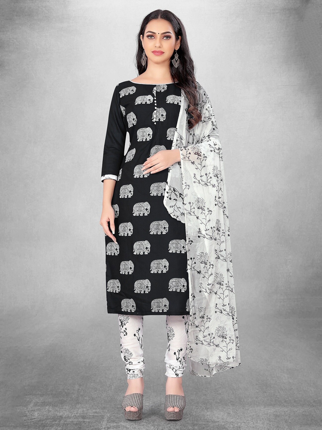 

APNISHA Ethnic Motifs Printed Unstitched Dress Material, Black