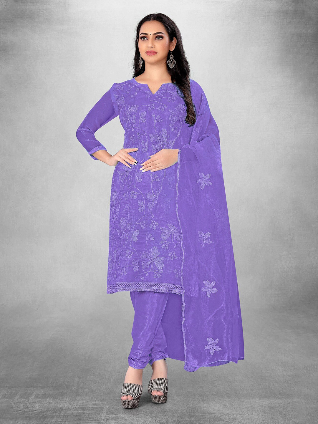 

APNISHA Floral Embroidered Pure Silk Unstitched Dress Material, Lavender