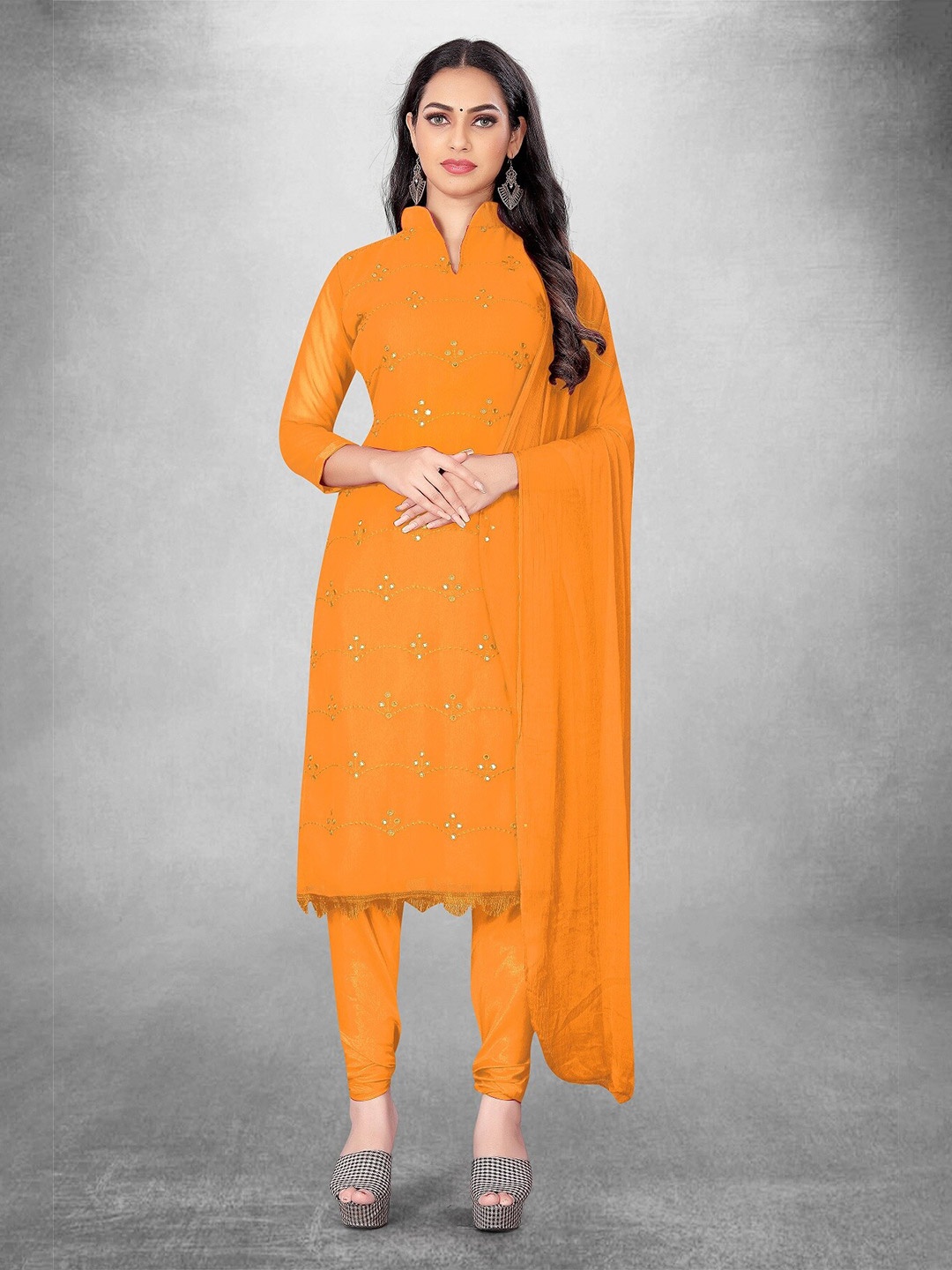 

APNISHA Embroidered Mirror Work Silk Georgette Unstitched Dress Material, Orange