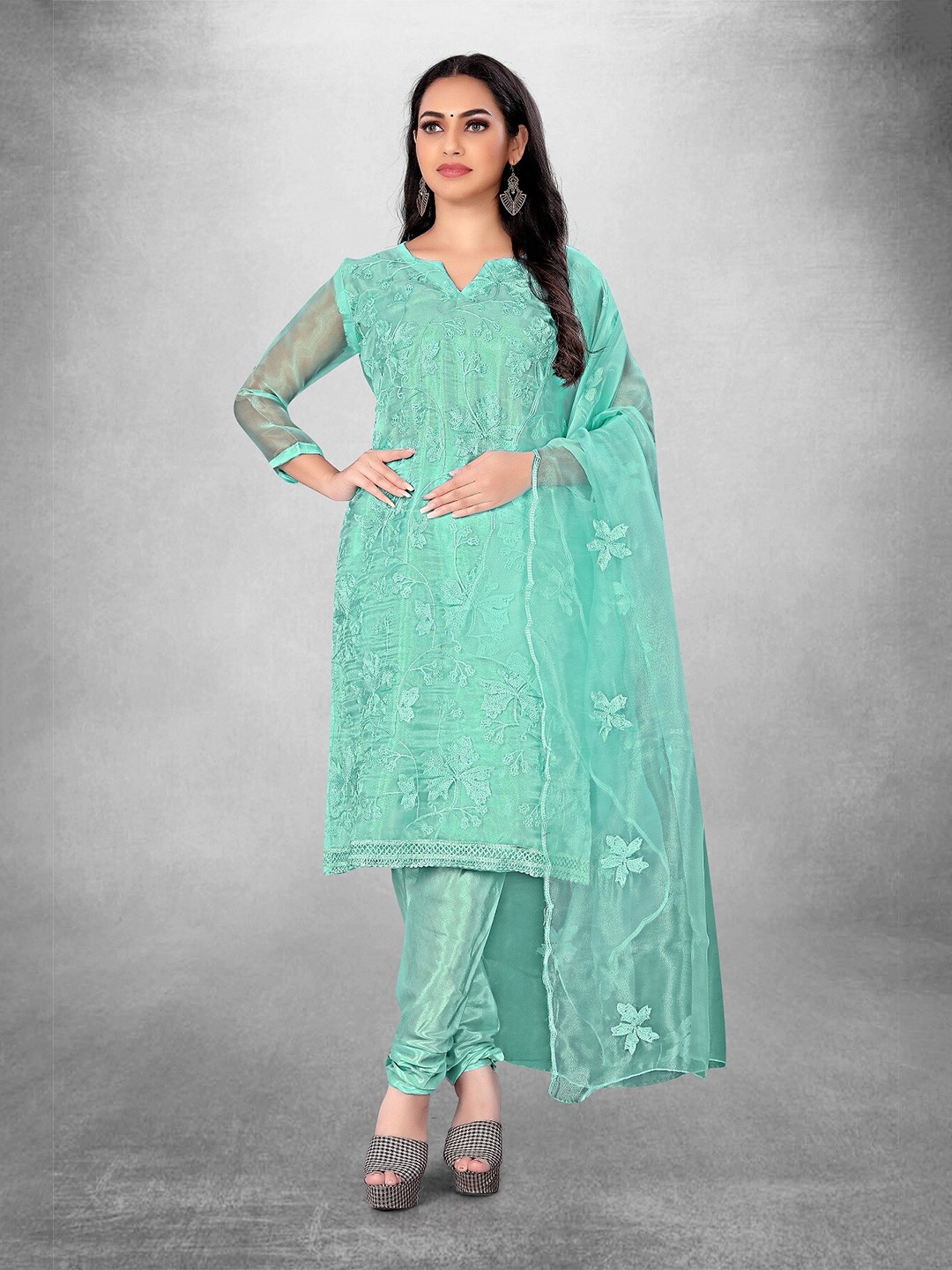 

APNISHA Floral Embroidered Pure Silk Unstitched Dress Material, Green