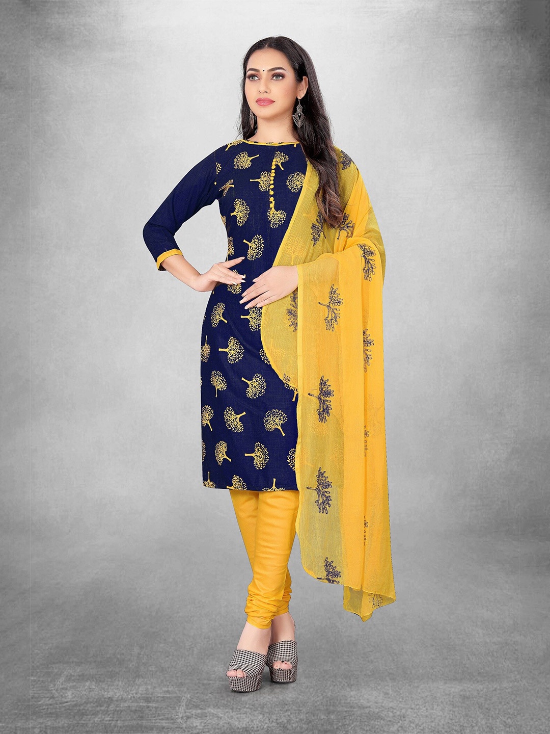 

APNISHA Ethnic Motifs Printed Unstitched Dress Material, Navy blue