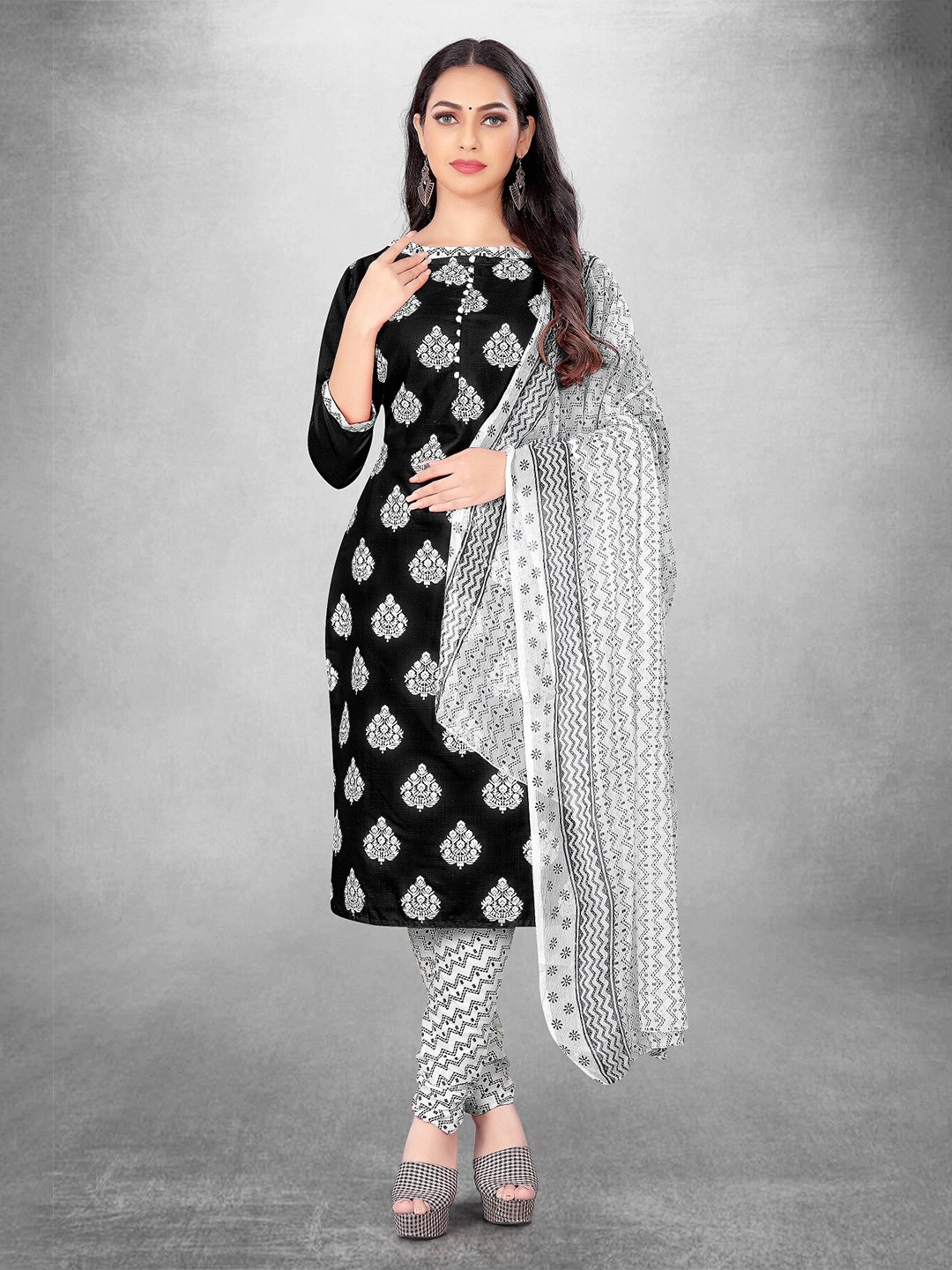 

APNISHA Ethnic Motifs Printed Unstitched Dress Material, Black