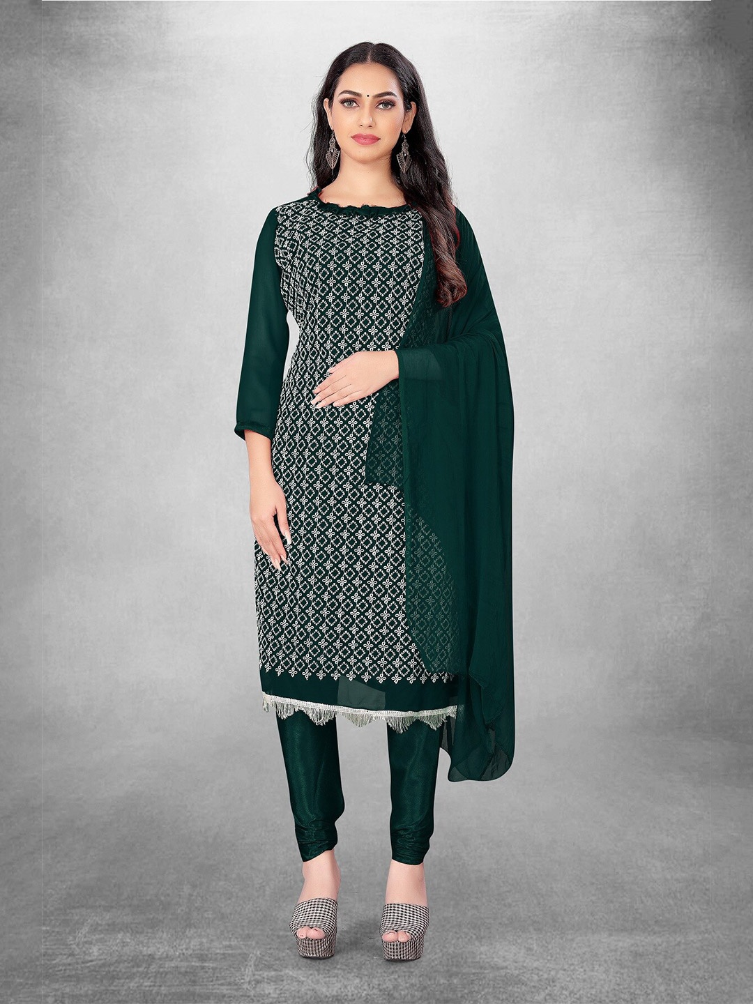 

APNISHA Floral Embroidered Unstitched Dress Material, Green