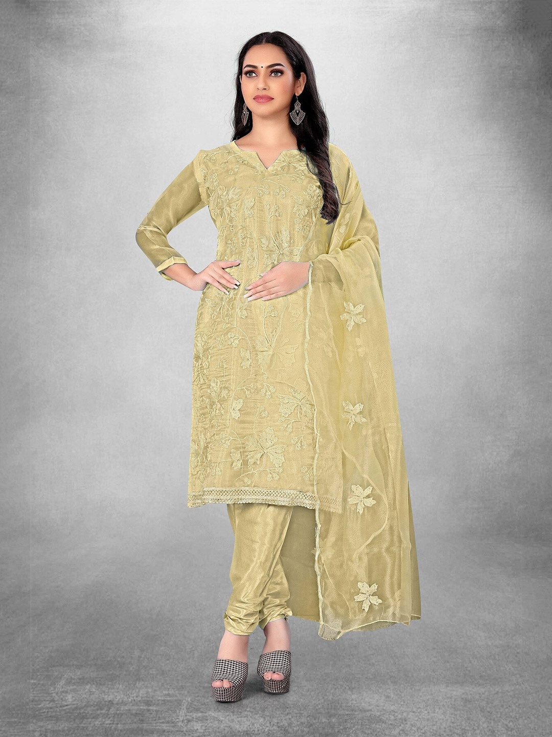 

APNISHA Floral Embroidered Pure Silk Unstitched Dress Material, Cream