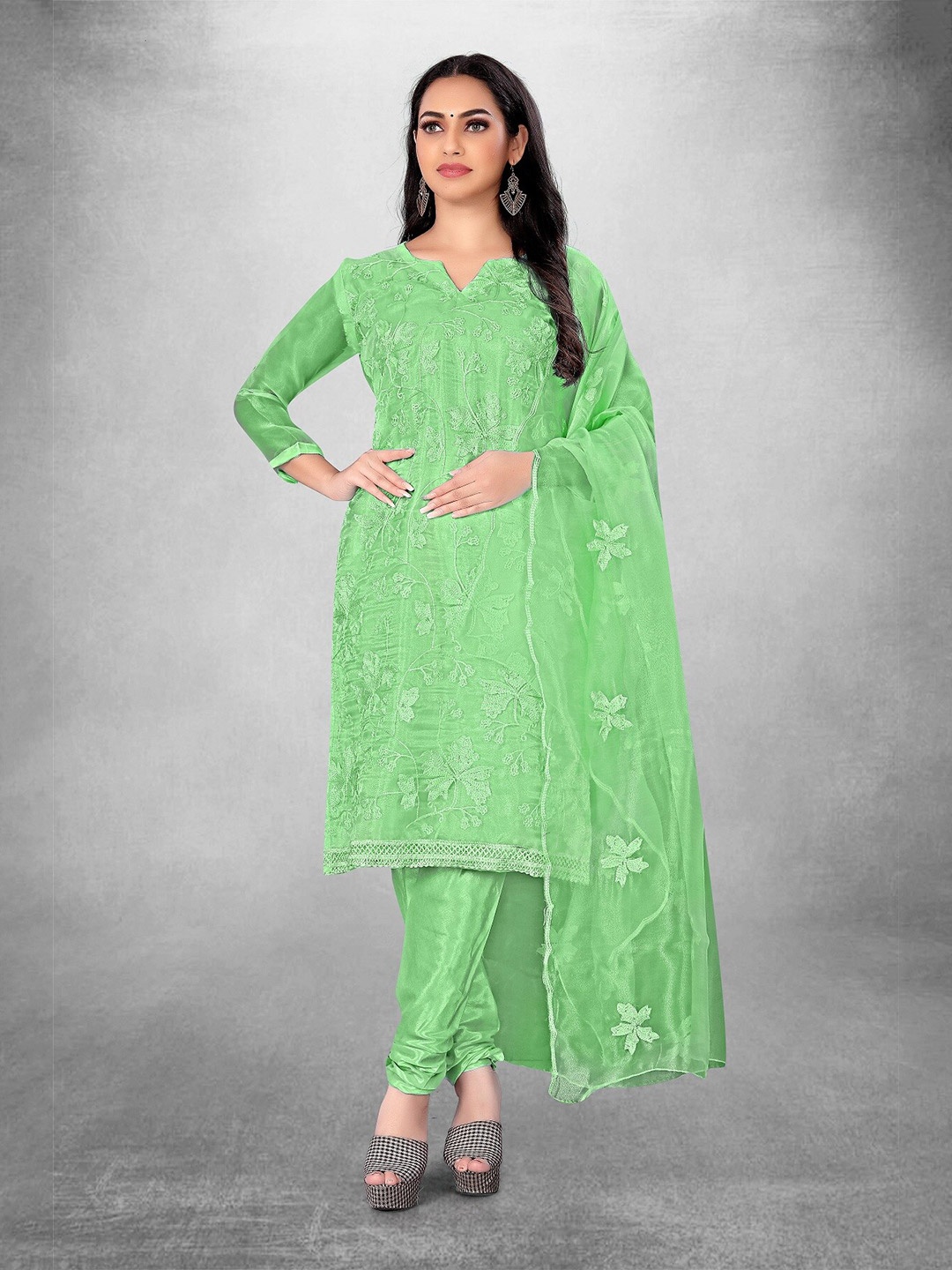 

APNISHA Floral Embroidered Pure Silk Unstitched Dress Material, Lime green