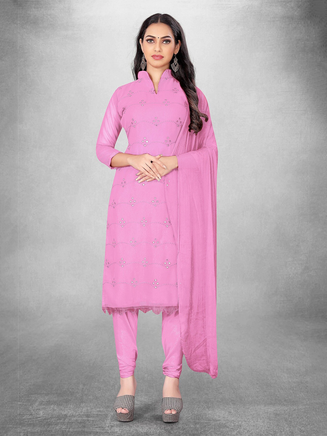 

APNISHA Ethnic Motifs Embroidered Mirror Work Silk Georgette Unstitched Dress Material, Pink