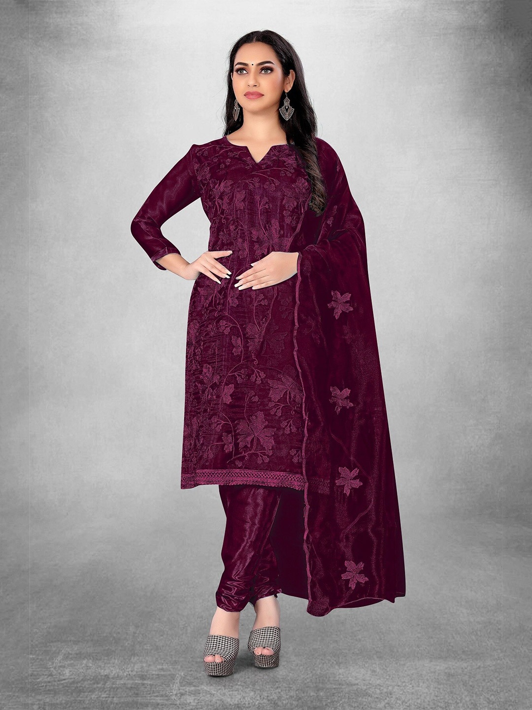 

APNISHA Ethnic Motifs Embroidered Pure Silk Unstitched Dress Material, Magenta